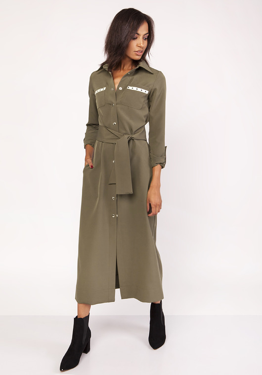 sukienki maxi damskie DŁUGA SUKIENKA W STYLU MILITARNYM, SUK157 KHAKI
