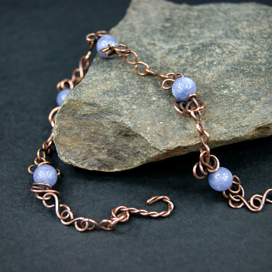 bransoletki wire wrapping Miedziana bransoletka z angelitem