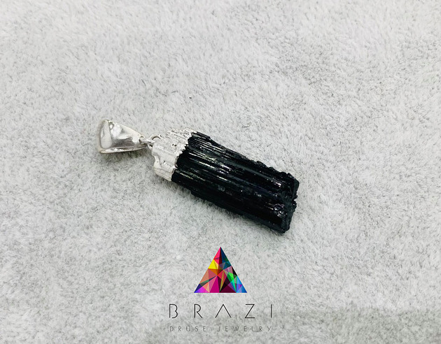 Colare Czarny Turmalin Surowy srebro Brazi Druse Jewelry