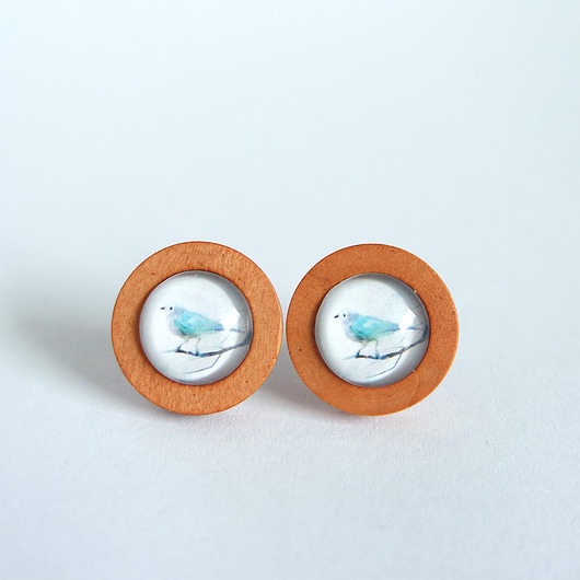 kolczyki drewniane Kolczyki drewniane - Turkusowy ptak - sztyfty