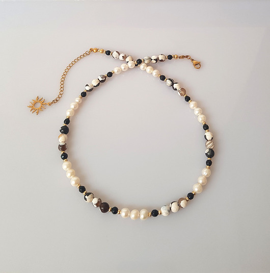 chokery Naszyjnik z Agatem, Jadeitem i Perełkami