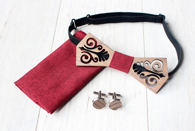 muszki i krawaty Zestaw z drewnianą muszką FOLK czerwony