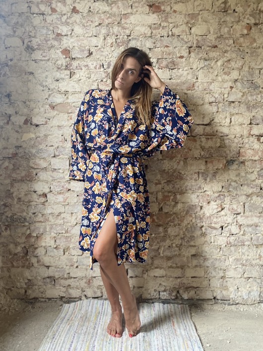 marynarki damskie Szlafrok narzutka kimono z wiskozy granat