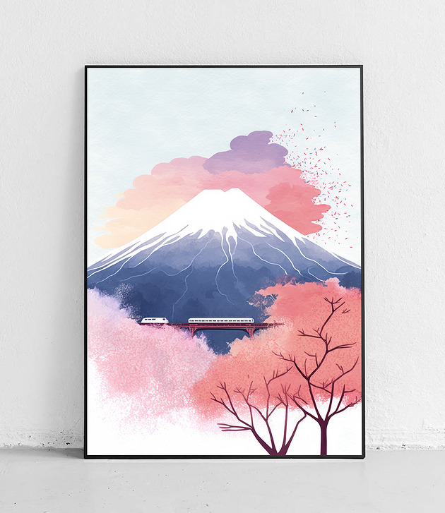 plakaty Plakat Góra Fuji z kwitnącymi drzewami i pastelowym niebem