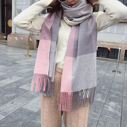 szale damskie Szalik Damski kaszmirowy wełna różowy szary