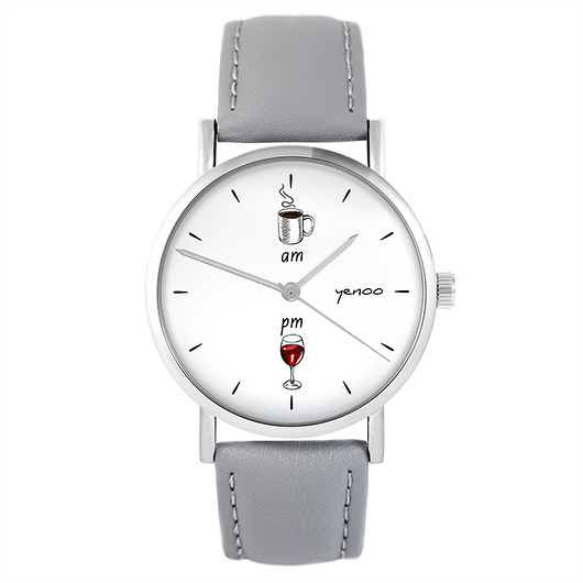 zegarki damskie Zegarek - Kawa i wino - skóra, szary