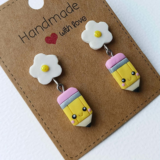 kolczyki z masy plastycznej Kolczyki stokrotka i ołówek