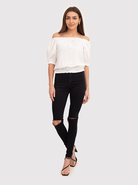 t-shirt damskie Kremowy elastyczny top z falbanką na ramionach TA592 CREAM