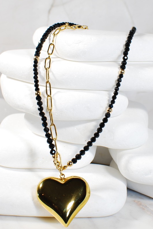 naszyjniki - inne Naszyjnik z kamieni czarny turmalin oryginalny styl z łańcuszkiem i sercem