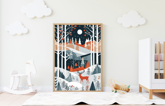 obrazy i plakaty do pokoju dziecięcego PLAKAT dekoracyjny , skandynawski, las ilustracja, jeleń