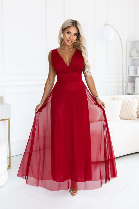 sukienki maxi damskie 687-2 Elegancka sukienka maxi z kopertowym dekoltem - bordo jasne