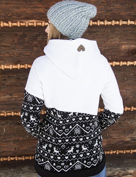 bluza z kapturem damska Bluza damska RENIFEROWE PÓŁ czarno-biała