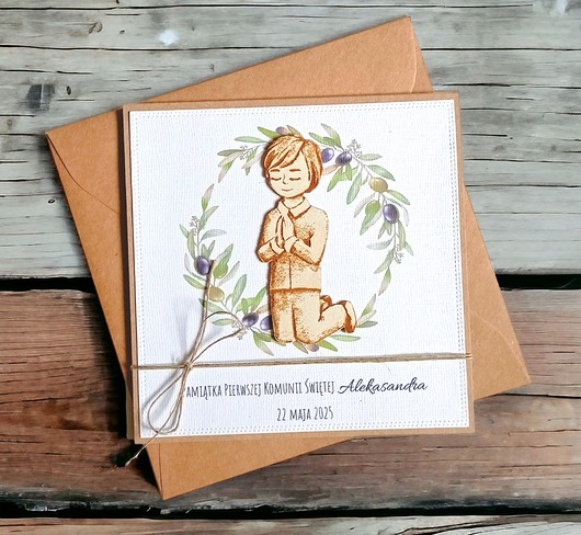 kartki na komunię Kartka, PERSONALIZACJA : I Komunia Święta : oliwki: chłopiec 2.