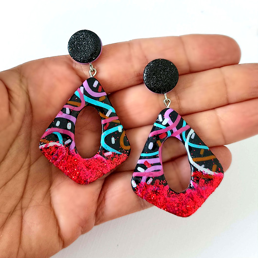 kolczyki z masy plastycznej Kolorowe brokatowe geometryczne kolczyki