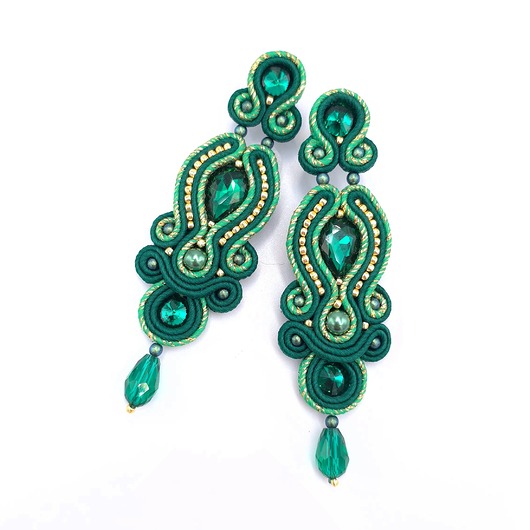 kolczyki soutache Queen zielone ze złotem wieczorowe długie kolczyki sutasz