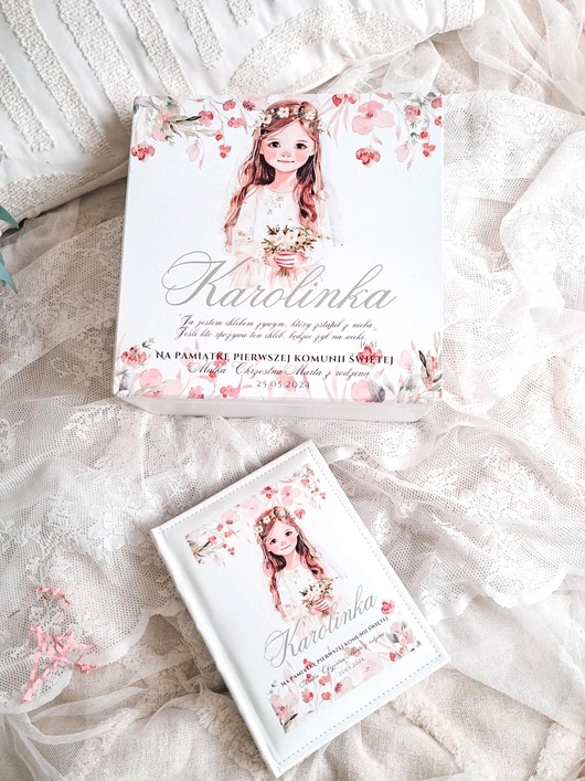 komunia - pozostałe Zestaw komunijny DZIEWCZYNKA dedykacja, kuferek i album, prezent na Komunie
