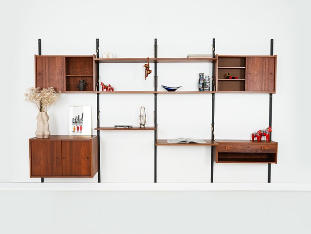 regały i półki Regał systemowy tekowy, duński design, lata 60, produkcja: Dania