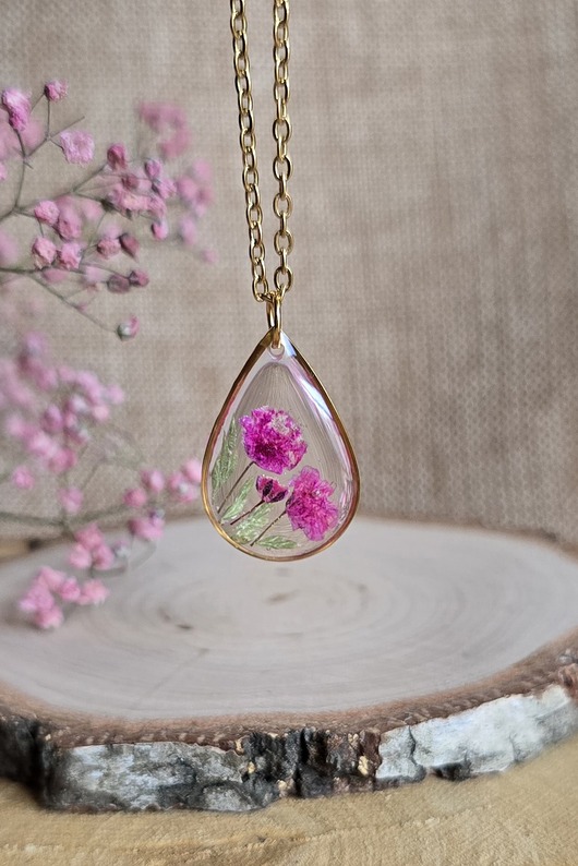 wisiory Złoty wisiorek prawdziwe kwiaty zawieszka łezka łza różowa