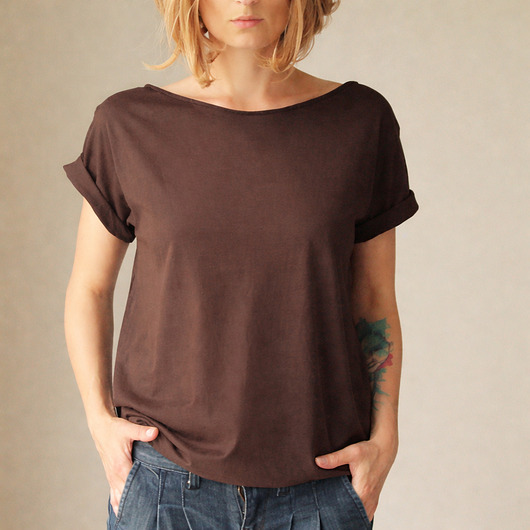 t-shirt damskie Brązowy Zgaszony Oversize Bez Nadruku