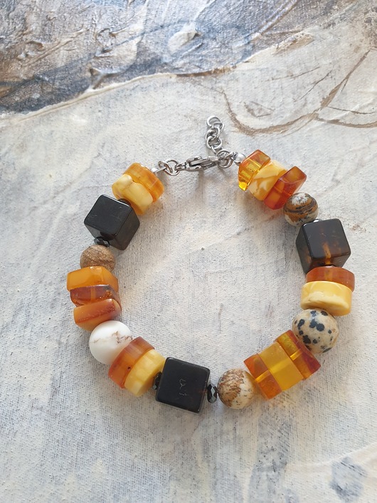bransoletki z kamieni naturalnych Bransoletka SZASZŁYK bursztyn, howlit, jaspis obrazkowy, jaspis dalmatyński
