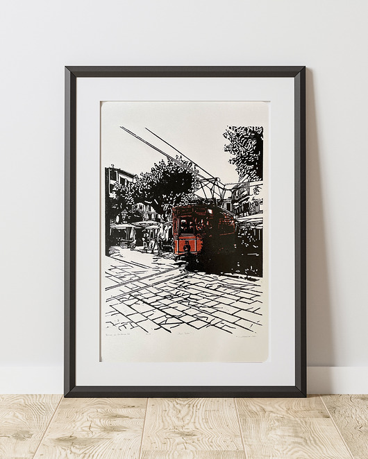 grafiki i ilustracje Linoryt "Tramwaj z Soller" - kolor