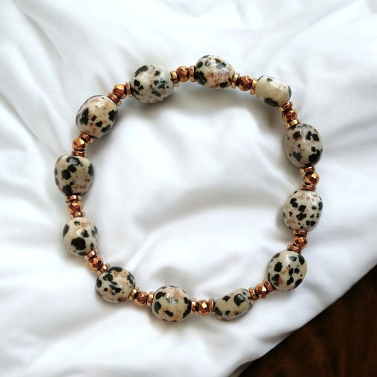 bransoletki z kamieni naturalnych Bransoletka : jaspis dalmatyński i złoty hematyt : na gumce