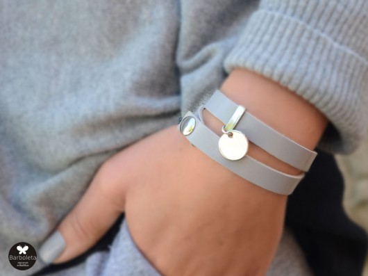 light gray + silver bransoletka skórzana barboleta