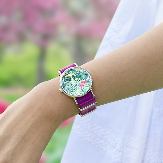 zegarki damskie Zegarek - Flaming, tropikalny - amarant, palmy