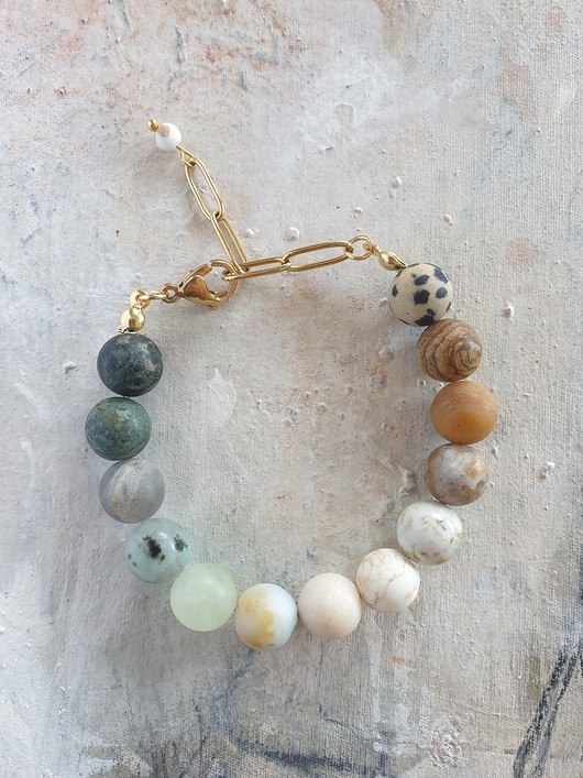bransoletki z kamieni naturalnych Bransoletka FANABERIA KULKI labradoryt, howlit, jaspis, amazonit. akwamaryn