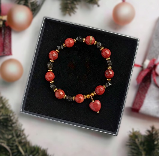 bransoletki z kamieni naturalnych PREMIUM jaspis czerwony, obsydian złoty, serduszko ROZMIAR S