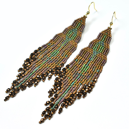 kolczyki szklane Foghar, brązowo-zielone "indiańskie" kolczyki, beading