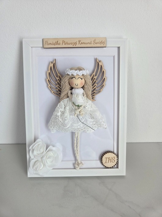 komunia - pozostałe Anioł Stróż w ramce,ręcznie robiona pamiątka Komunii Chrztu