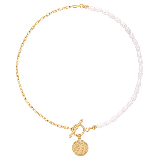 złote naszyjniki Złoty naszyjnik z naturalnych pereł zdobiony monetą