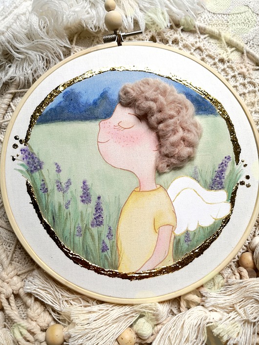 kartki, zaproszenia na chrzest Ręcznie malowany obrazek z aniołkiem, pamiątka Chrztu, I Komunii