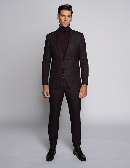 spodnie męskie Eleganckie spodnie męskie naro bordo w kratę slim fit