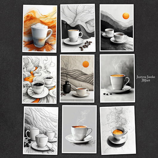 grafiki i ilustracje Kawa kawusia - zestaw 9 grafik w rozmiarze 13x18 cm