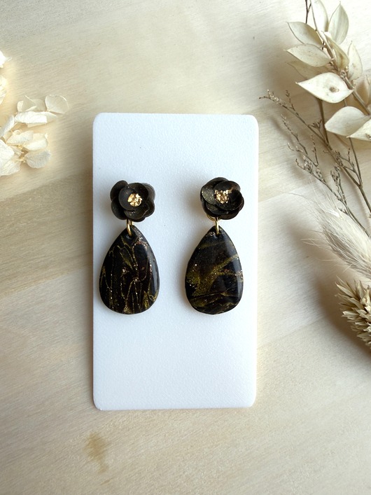 kolczyki z masy plastycznej Kolczyki Krople czarno-złote