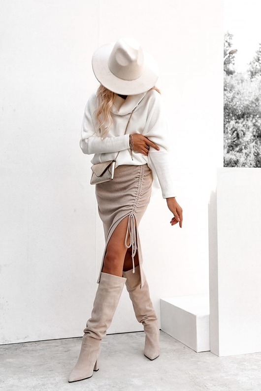 spódnice midi Dzianinowa spódnica MIDI SANTA beżowa