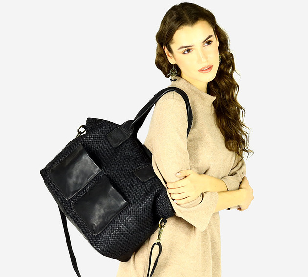 torby XXL Duża torebka shopper z kieszeniami pleciona skóra handmade - czarna