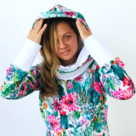 bluza z kapturem damska Damska Bluza w Kaktusy z Białym Kapturem