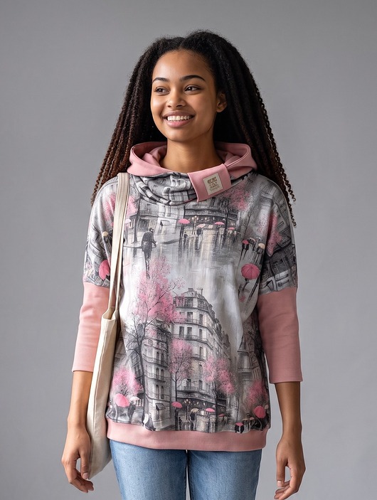 bluza z kapturem damska Bluza Auri Lili Guna Paryż różowe parasolki oversize M/38 unikat