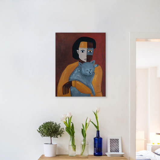 obrazy ORYGINAŁ. Obraz na płótnie - Kobieta z kotem 2, 50x40 cm