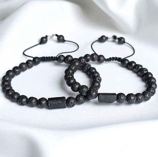 bransoletki z kamieni naturalnych KOMPLET dla PARY - czarny turmalin - na sznurku