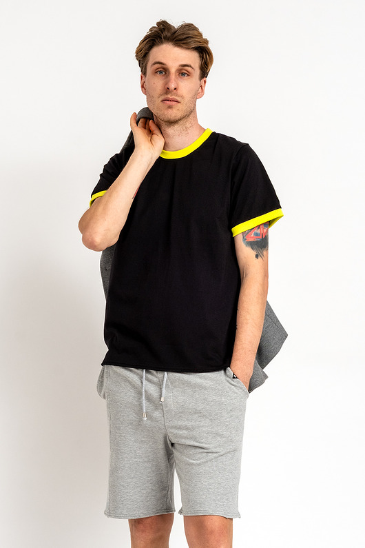 t-shirty męskie T-shirt męski gładki  z kanarkowym ściągaczem "BENJAMIN" czarny
