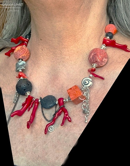 korale Niezwykły naszyjnik etno/boho z ciekawym koralem i lawą  prezent  lux UNIKAT