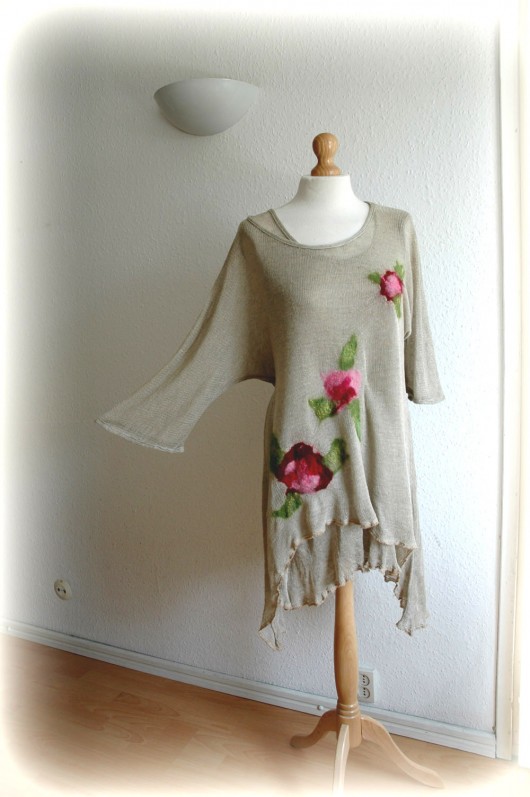 Grey asymmetric  tunic malowane lnem