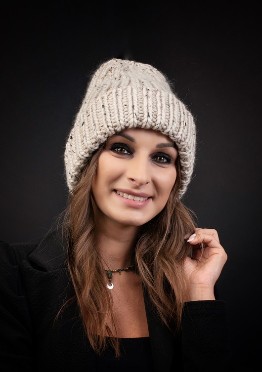 czapki damskie Beanie  z wełny peruwiańskiej tweed naturalny