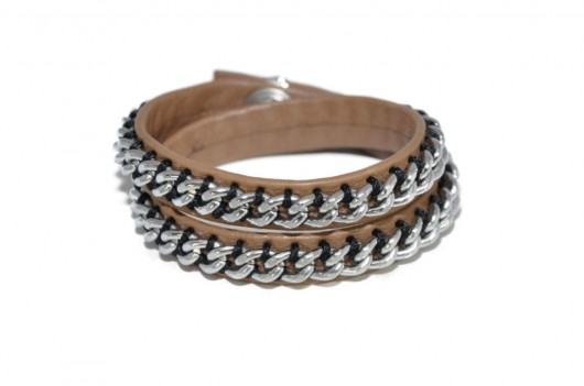 Bransoleta Silver Chain on Cappucino Brown Leather Joccos Design