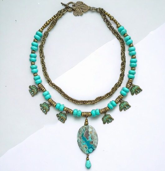 kolie UNIKATOWY naszyjnik : jaspis : turkus i stare złoto : etno