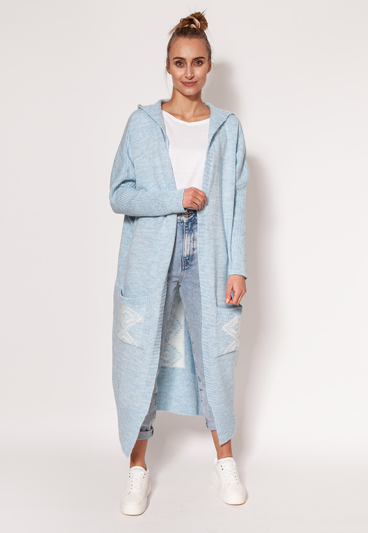 płaszcze damskie Dzianinowy płaszcz z kapturem - PA020 błękit MKM
